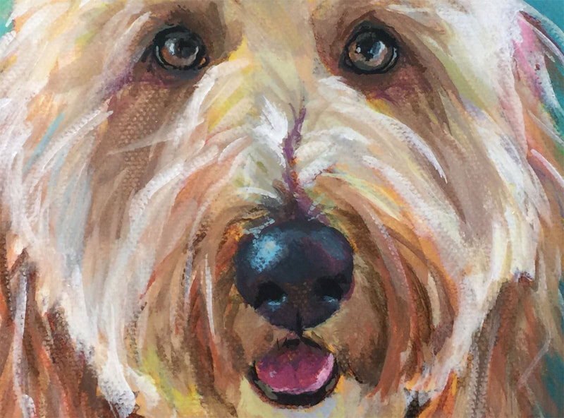 This is Penny the golden doodle close up to see the brush work and canvas texture. She is hand-painted on an 8x8" canvas, given as a Christmas gift.