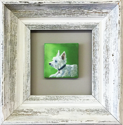 This is a small painting at just 3x3 and framed in one of my favorite formats floated on a mat board by www.dentonsframe.com
